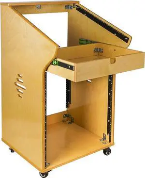 Sound Town DIY Studio Rack with 11U Slant Mixer Top,12U Front, 2U Drawer, Rubber Feet, Casters, Baltic Plywood, Golden Oak (SDRK-M11X12)