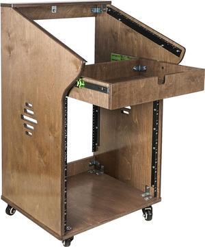 Sound Town DIY Studio Rack with 11U Slant Mixer Top, 12U Front, 2U Drawer, Rubber Feet, Casters, Baltic Plywood, Weathered Grey (SDRK-M11X12B)