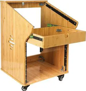 Sound Town DIY Solid Carbonized Bamboo Studio Rack with 11U Slant Mixer Top, 8U Front, 2U Drawer, Rubber Feet, Casters, for Recording Room, PA/DJ Equipment, Home-Audio (STBR-M11X8)