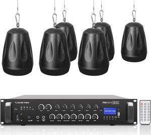 Sound Town Commercial Restaurant Bluetooth Amplifier + Pendant Speaker Set, with One 6-Zone 70V/100V Amplifier with Bluetooth, 6 x All-Weather 4-Inch Pendant Speakers, Black (PAC180X6PD4B)