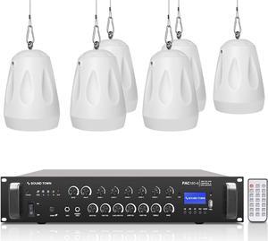 Sound Town Commercial Restaurant Bluetooth Amplifier + Pendant Speaker Set, with One 6-Zone 70V/100V Amplifier with Bluetooth, 6 x All-Weather 4-Inch Pendant Speakers, White (PAC180X6PD4W)