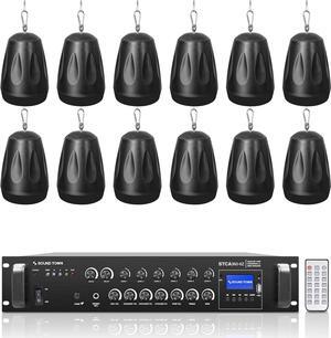 Sound Town Commercial Restaurant Bluetooth Amplifier + Pendant Speaker Set, with One 6-Zone 70V/100V Amplifier with Bluetooth, 12 x All-Weather 4-Inch Pendant Speakers, Black (STCA360X12PD4B)