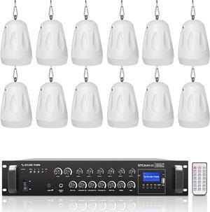 Sound Town Commercial Restaurant Bluetooth Amplifier + Pendant Speaker Set, with One 6-Zone 70V/100V Amplifier with Bluetooth, 12 x All-Weather 4-Inch Pendant Speakers, White (STCA360X12PD4W)