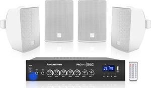 Sound Town Commercial Restaurant Bluetooth Amplifier + Surface-Mount Speaker Set, with One 2-Zone 70V/100V Amplifier with Bluetooth, 4 x 4.5-Inch Surface-Mount Speakers, White (PAC80X4TV4W)