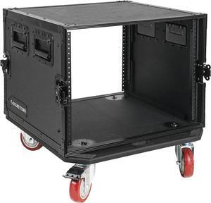 Sound Town Black Series 8U PA/DJ Rack/Road Case with 8-Space, All-Black Anodized Hardware, Plywood, Casters, and 21 Rackable Depth - Pro Tour Grade (STRC-B8UW)