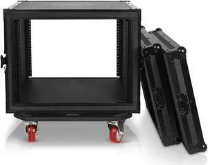 Sound Town Black Series Shock Mount 8U ATA Plywood Rack Case with 21" Rackable Depth, All-Black Anodized Hardware and Casters, Pro Tour Grade (STRC-SPB8UW)