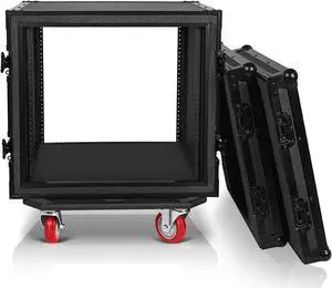 Sound Town Black Series Shock Mount 10U ATA Plywood Rack Case with 21" Rackable Depth, All-Black Anodized Hardware and Casters, Pro Tour Grade (STRC-SPB10UW)