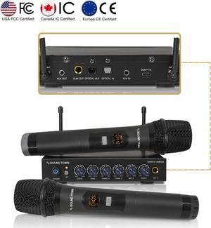 Sound Town 100 Channels Wireless Microphone Karaoke Mixer System with 2 Metal Handheld Microphones, Optical (Toslink), AUX, for Smart TV, Home Theater, Sound Bar (SWM16-2MEGA)