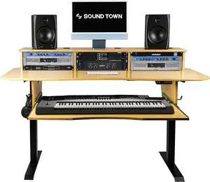 Sound Town DIY Music Studio Desk Workstation Furniture, Electric Height Adjustable, 3x4U Rack Space & Top Shelf, Sliding Piano Keyboard Tray, All Plywood, Golden Oak, (SDRK-SD1)