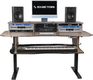 Sound Town DIY Music Studio Desk Workstation Furniture, Electric Height Adjustable, 3x4U Rack Space & Top Shelf, Sliding Piano Keyboard Tray, All Plywood, Weathered Brown, (SDRK-SD1B)