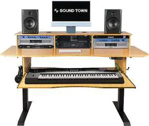 Sound Town DIY Music Studio Desk Workstation Furniture, Electric Height Adjustable, 3x4U Rack Space & Top Shelf, Sliding Piano Keyboard Tray, Carbonized Bamboo (SDRK-SD1CB)