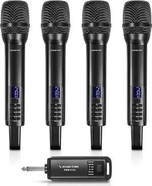 Sound Town 2.4G Hz Rechargeable Wireless Microphone System with 4 x Handheld Mic, 1/4" Mini Portable Receiver, Built-in EQ, Effects for Karaoke, Events, Church, Meetings (SWM-01U4)