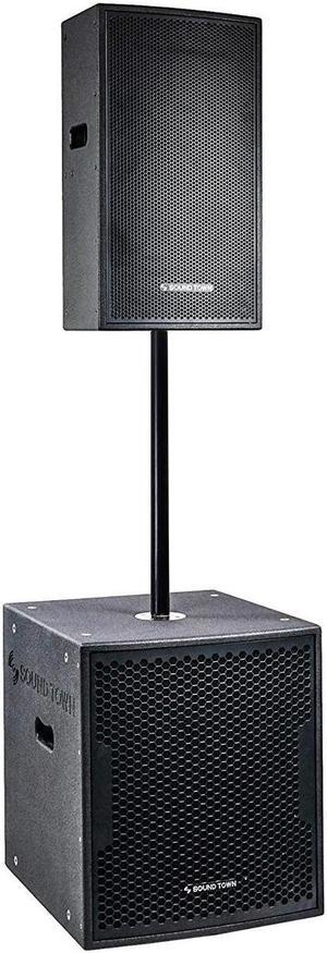 Sound Town CARME Series Powered PA Speaker and Subwoofer Combo Set with One 15 PA Speaker, One 18 Subwoofer, One Subwoofer Pole, Black