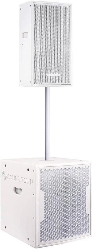 Sound Town CARME Series Powered PA Speaker and Subwoofer Combo Set with One 12” PA Speaker, One 15” Subwoofer, One Subwoofer Pole, White