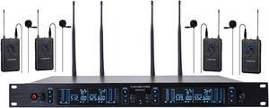 Sound Town 200 Channels Metal UHF Wireless Microphone System with Rack Mountable Metal Receiver and 4 Lavalier Mics with Bodypack Transmitters, for Church, School, Meeting and Karaoke