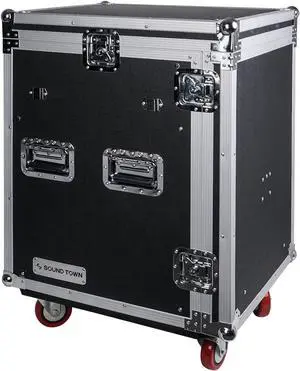 Sound Town 14U PA DJ Rack/Road Case with Slant Mixer Top and 2 Standing Lid Tables and Casters, 14-Space Size (STMR-14UWT2)