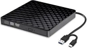 External Cd Dvd Drive, Usb 3.0 And Type-C Portable Cd Dvd +/-Rw Drive Reader, Dvd/Cd Rom Burner Rewriter, Slim Optical Dvd Drive For Laptop, Desktop (8X, External Cd Dvd Drive, Black)