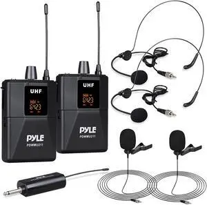 Dual Uhf Wireless Microphone System - Portable Cordless Microphone Set Wireless Mic Kit W/Headset Mic, Lavalier Mic, Beltpack Transmitter, Receiver - Karaoke & Conference - Pyle Pdwmu211