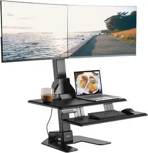 Dual 32" Monitor Electric Standing Desk With Huge Keyboard Tray Extra Large 28"X 16" Spacious Tabletop Motorized Automatic Height Adjustable Sit To Stand Table Sturdy Small Footprint