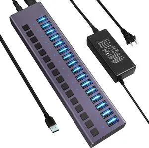 USB 3.0 Hub -16 Ports Powered USB Hub 90W USB Charging Hub with Individual On/Off Switches and 12V/7.5A Power Adapter and Lights for PC, Laptop, Computer, Mobile HDD, Flash Drive and MorePurple