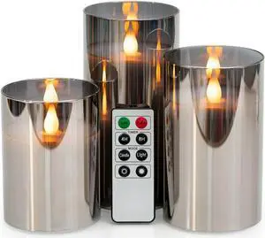 Metallic Mirrored Glass Flicker Led Flameless Candle 3-Pack 4" 5" 6" W/ Remote