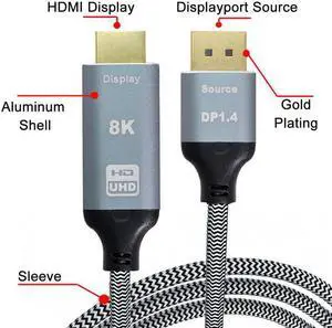 KAIBOXIXI DisplayPort 1.4 Source to HDMI 2.0 Display 8K UHD 4K DP to HDMI Male Monitor Cable Connector 1.8m 6ft