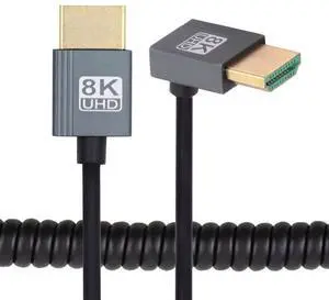 Cablecc HDMI 2.1 Male to HDMI Male 8K 60hz Stretch Coiled Cable Down Angled 90 Degree for HDTV Computer Laptop Monitor