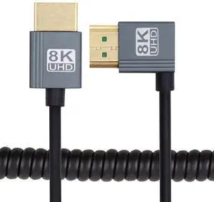 Cablecc HDMI 2.1 Male to HDMI Male 8K 60hz Stretch Coiled Cable Right Angled 90 Degree for HDTV Computer Laptop Monitor