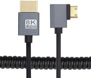 Cablecc 90 Degree Left Angled Mini HDMI 2.1 Male to HDMI Male 8K 60hz Stretch Coiled Cable 100cm for HDTV Computer Laptop Monitor