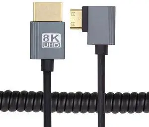 Xiwai 90 Degree Right Angled Mini HDMI 2.1 Male to HDMI Male 8K 60hz Stretch Coiled Cable 100cm for HDTV Computer Laptop Monitor