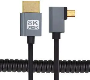 Jimier 90 Degree Left Angled Micro HDMI 2.1 Male Type-D to HDMI Male 8K 60hz Stretch Coiled Cable 100cm for HDTV Camera Laptop Monitor