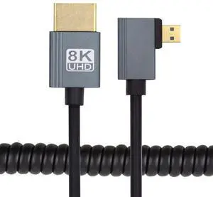 Cablecc 90 Degree Right Angled Micro HDMI 2.1 Male Type-D to HDMI Male 8K 60hz Stretch Coiled Cable 100cm for HDTV Camera Laptop Monitor