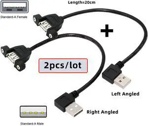 Xiwai 2pcs/lot Left & Right Angled Type USB 2.0 Type-A Male to USB Female Extension Cable Panel Type 90 Degree 25cm