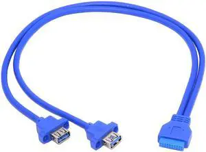 Xiwai Dual Port USB 3.0 Female Type-A Panel Type to Motherboard 20Pin 19Pin Header Cable 50cm