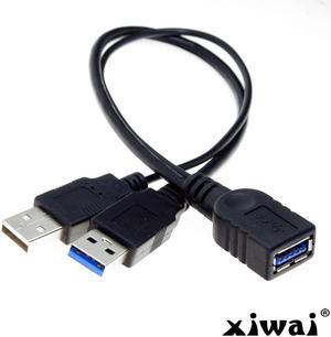 Xiwai Black USB 3.0 Female to Dual USB Male Extra Power Data Y Extension Cable for 2.5" Mobile Hard Disk