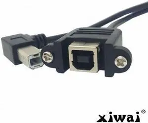 Xiwai 90 Degree Left Angled USB B Type Male to Female extension cable with screws for Panel Mount 50cm