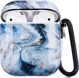 Airpods Case -  Cute Marble Protective Hard Case Cover Skin Portable & Shockproof Women Girls with Keychain for Apple Airpods 2/1 Charging Case (Blue Marble)