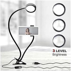 Selfie Ring Light with Gooseneck Extension Bar & Spring Clamp Mounting Adapter & Spring Cell Phone Clip Holder, 3-Level Brightness Control Switch, USB Power Cable Port, LGG623
