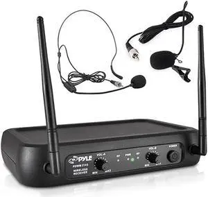 Dual Channel Wireless Microphone System VHF Fixed Dual Frequency Wireless Mic Receiver Set with 2 Lavalier 2 Headset Mics 2 Transmitter Receiver For PA Karaoke Dj Party  PDWM2145