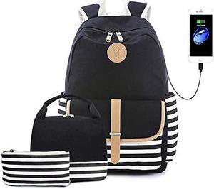 Canvas Backpack, Cute Stripe School Backpack Bookbag for Teen Girls Women with USB Charging Port Insulated Lunch Bag and Pencil Bag 3 in 1 (Black)