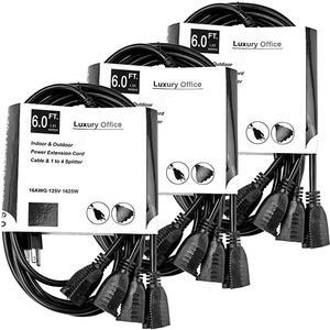 4 Way Power Splitter 1 to 4 Cable Strip With 3 Pronged Outlet and 3 to 12 Foot Y Style Extension Cord Black SJT 16 AWG By  3 Pack 6 Extension Cord