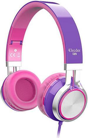 i39 Headphones with Microphone Foldable Lightweight Adjustable On Ear Headsets with 3.5mm Jack for Cellphones Computer MP3/4 Kindle School Purple/Pink
