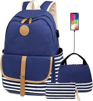 Canvas Backpack for Teens Cute School Backpack for Girls 156 Laptop Back Pack with USB Charging Port Lightweight Blue Bookbag Casual Backpack for Women