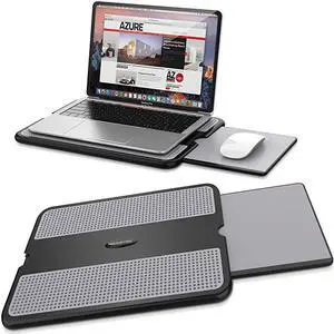 Portable Laptop Lap Desk w/ Retractable Left/Right Mouse Pad Tray, Non-Slip Heat Shield Tablet Notebook Computer Stand Table w/ Sturdy Stable Cooler Work Surface for Bed Sofa Couch or Travel