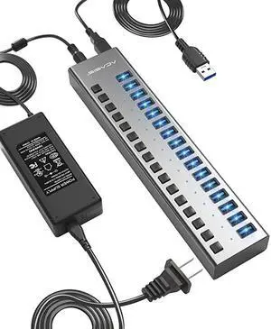 USB 30 Hub Super Speed Splitter16 Ports USB Data Hub with Power AdapterIndividual OnOff Switches and Lights for Laptop PC Computer Mobile HDD Flash Dr Each Port can Charge Grey