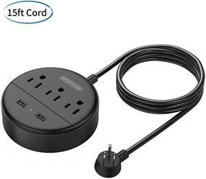 Power Strip with USB  Flat Plug Power Strip 15 ft Extra Long Extension Cord UL Listed 3 Outlet 2 USB Desktop Charging Station Wall Mount for Home Dorm Room Office and Nightstand Black