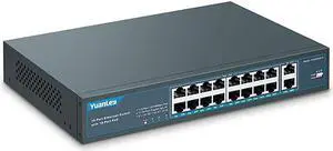 18 Port PoE Switch, 16 PoE+ Port 100Mbps, 2 Uplink Gigabit, 250W Built-in Power, 802.3af/at, Rackmount Unmanaged Plug and Play