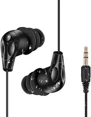 IPX8 Waterproof in-Ear Earphones, Coiled Cable Swimming Earbuds with Stereo Audio Extension Cable, Wired, Black