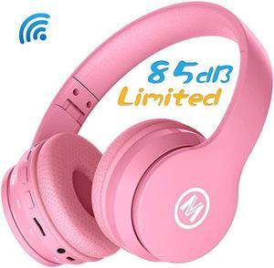 Volume Limited 85dB Kids Headphone Bluetooth Wireless Over Ear Foldable Stereo Sound Noise Protection Headset with AUX 3.5mm Cord Microphone for Boys Girls Toddler Cellphone Pad TV Pink