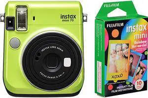Instax Mini 70 Instant Film Camera Kiwi Green and Instax Mini Rainbow Film Value Pack 10 Images